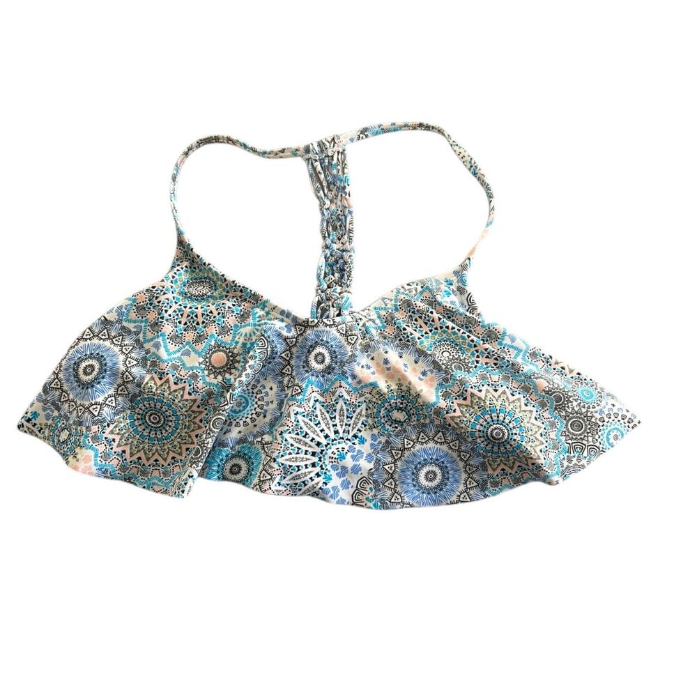 Gossip Swim Top Size Medium Blue White Medallion Print Ruffle Bikini Top